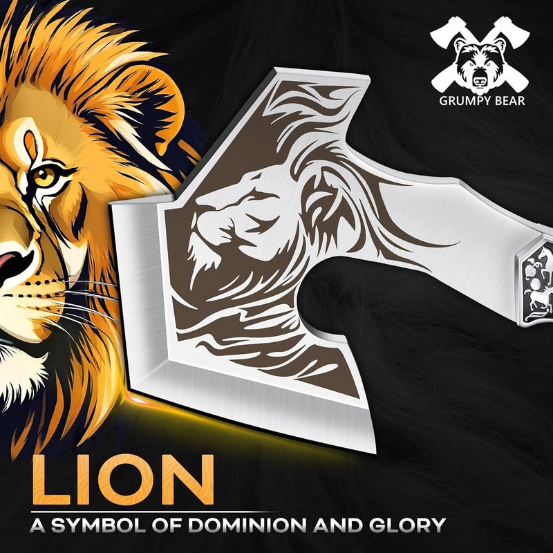 GRUMPY BEAR Camping Hatchet with Lion Carving, Full Tang Outdoor Axe with Decorative Handle, Durable Forged Blade for Hiking, Bushcraft, and Survival - Image 2